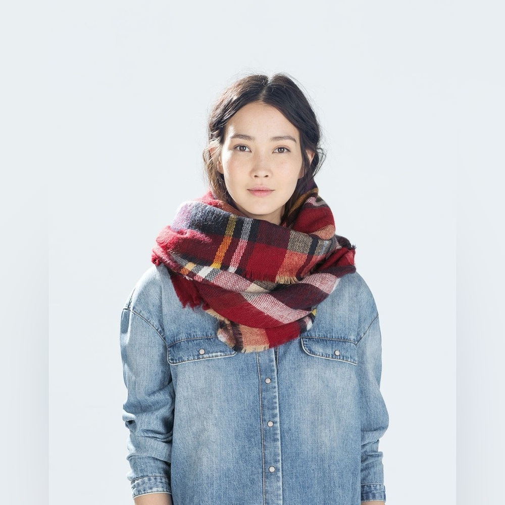 ZARA RED NAVY YELLOW TARTAN PLAID LARGE CHECKED SCARF Multicolor 2014